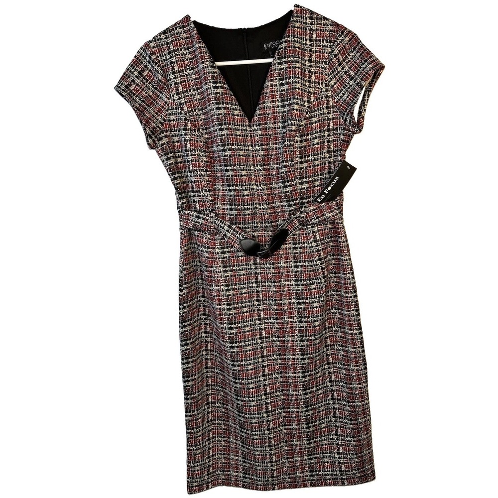 Enfocus Studio Tweed Sheath Dress Women's Sz 6 Red & Black Plaid Belted NWT